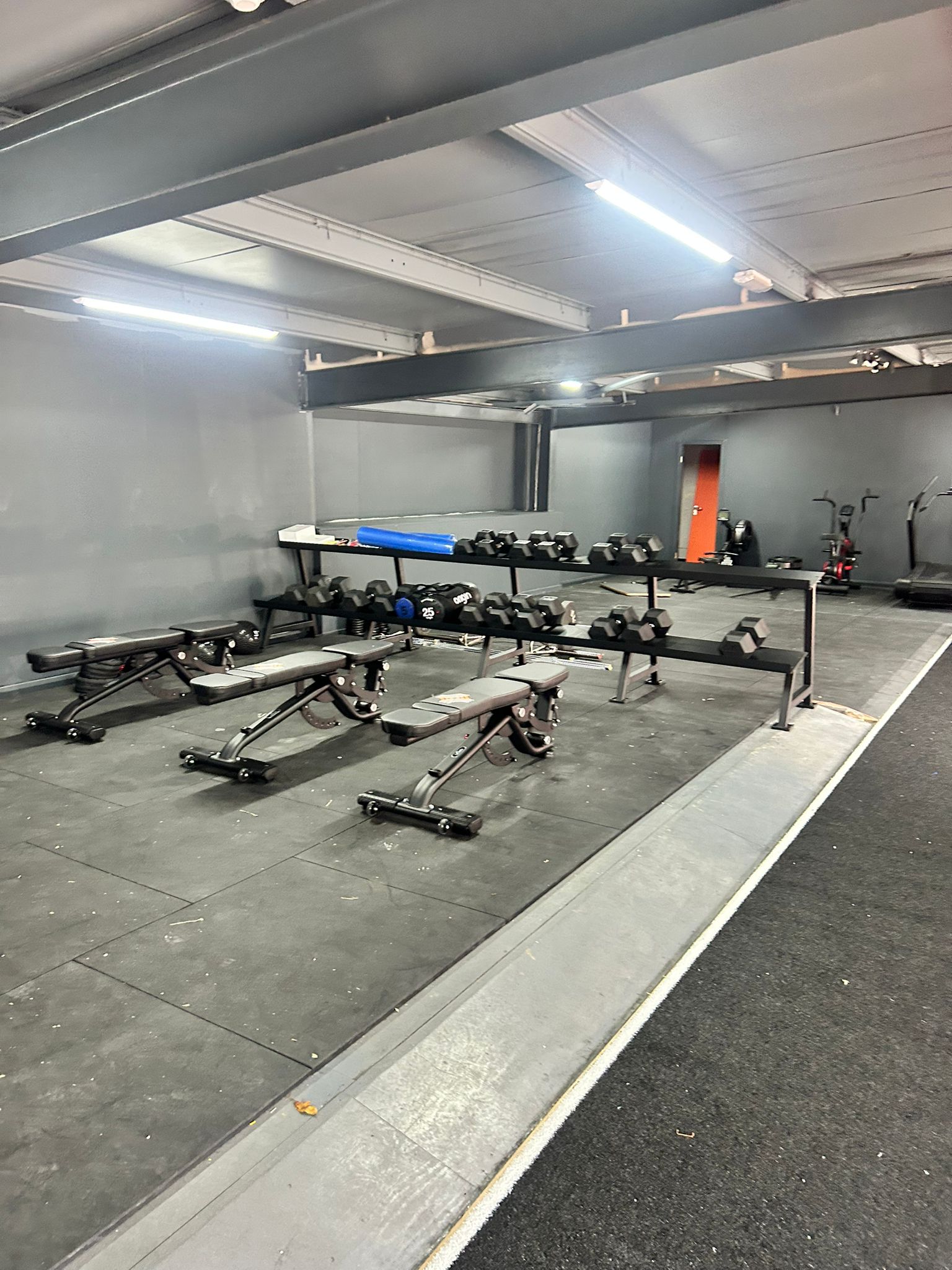 Free weights area with full dumbbell rack and benches